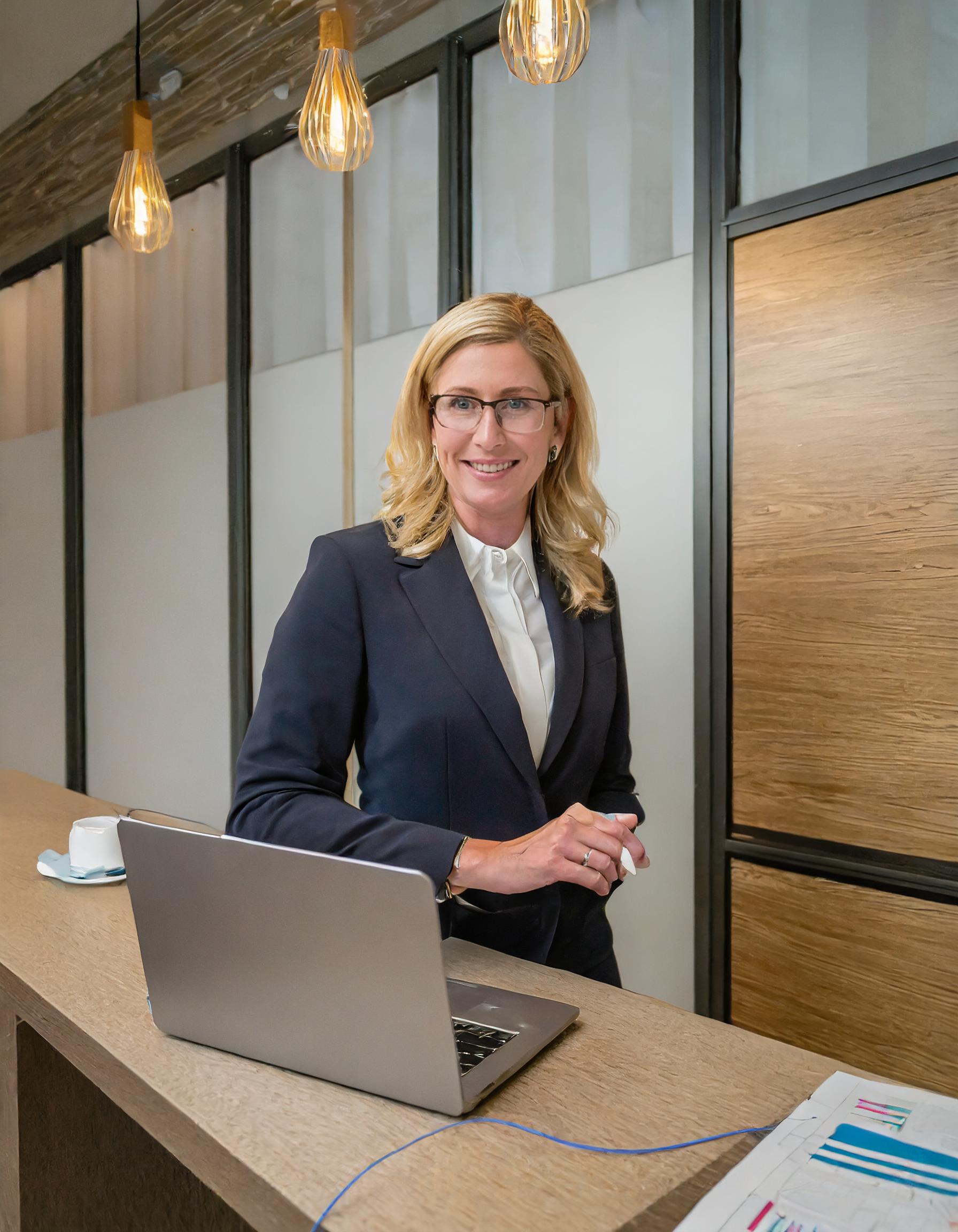 Frau, mittleres Alter, im eleganten Business-Outfit, Büro-Hintergrund