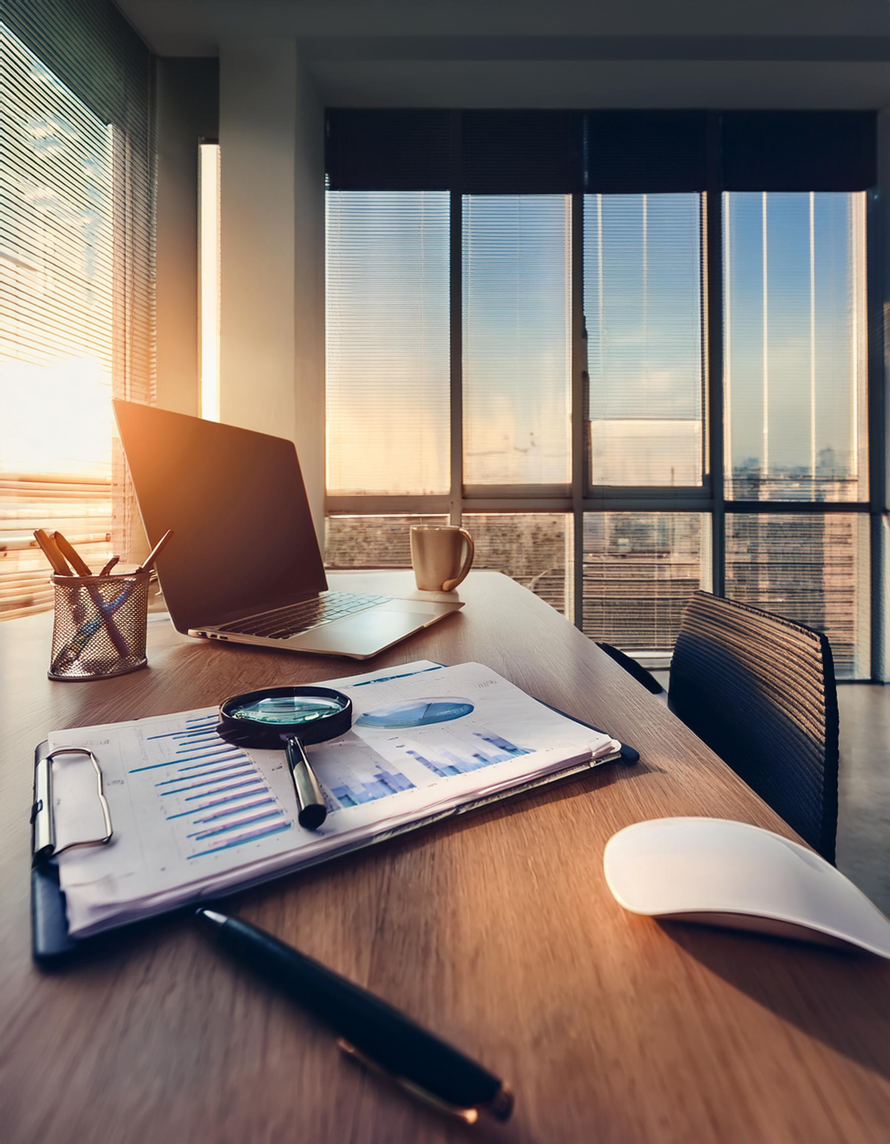 Steuerberater bei der Arbeit, Fokus auf Dokumente und Laptop